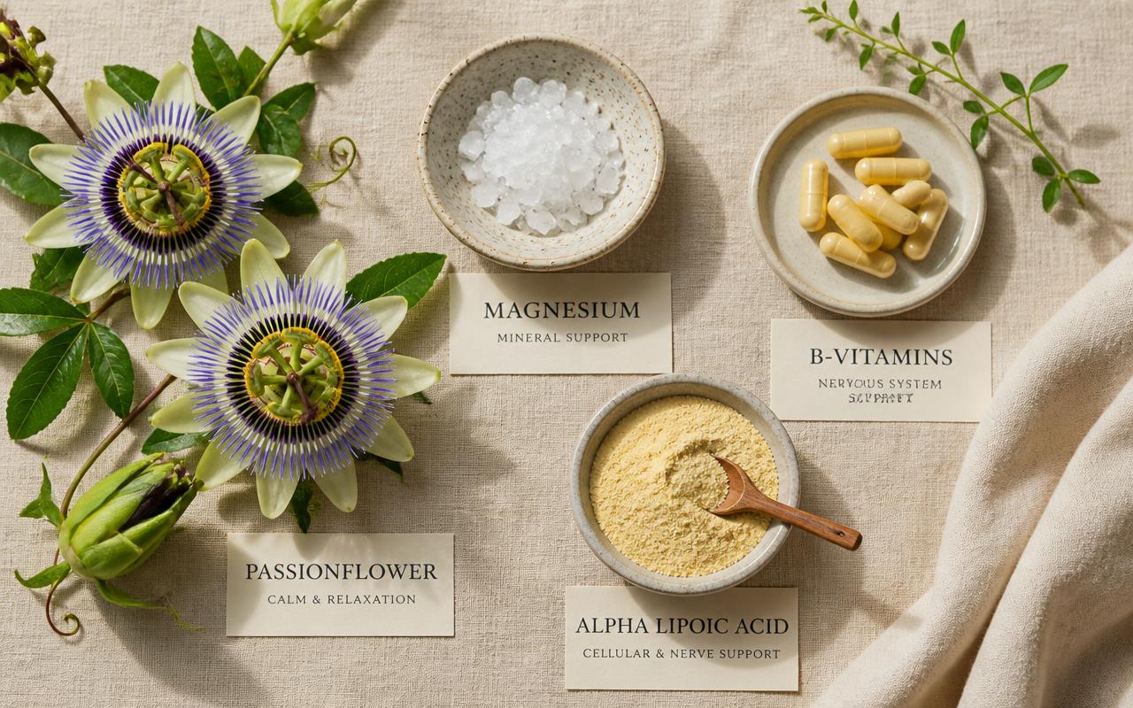 Passionflower, magnesium crystals, B-vitamin capsules and alpha lipoic acid powder laid out on linen