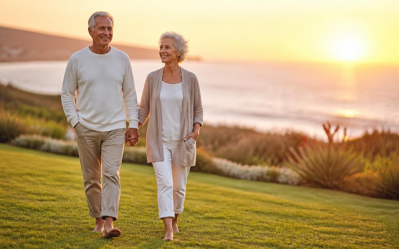Older couple walking comfortably on grass at sunrise