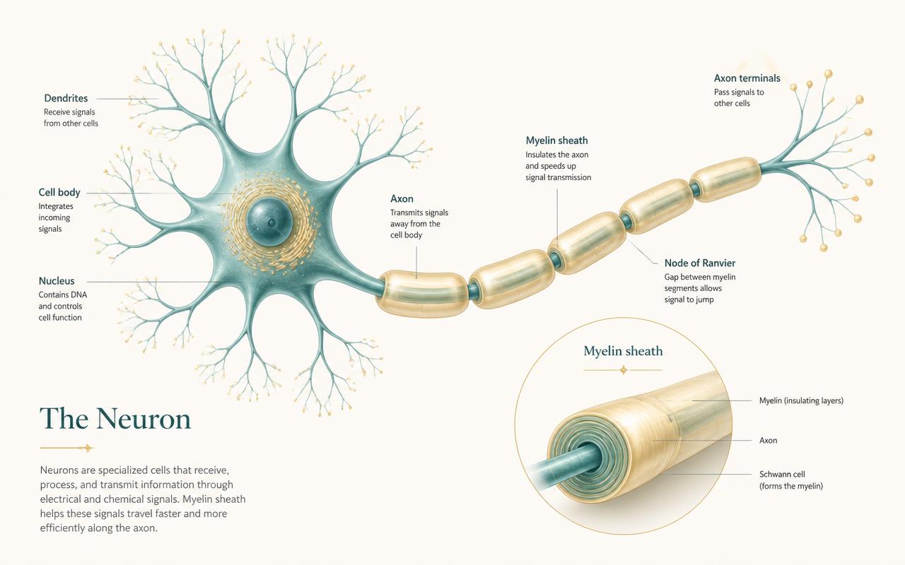 Illustration of a neuron showing dendrites, axon, myelin sheath and nodes of Ranvier